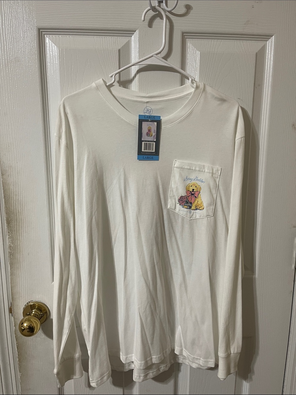 Lauren James Cream Long-Sleeve Pocket Tee with Puppy Graphic